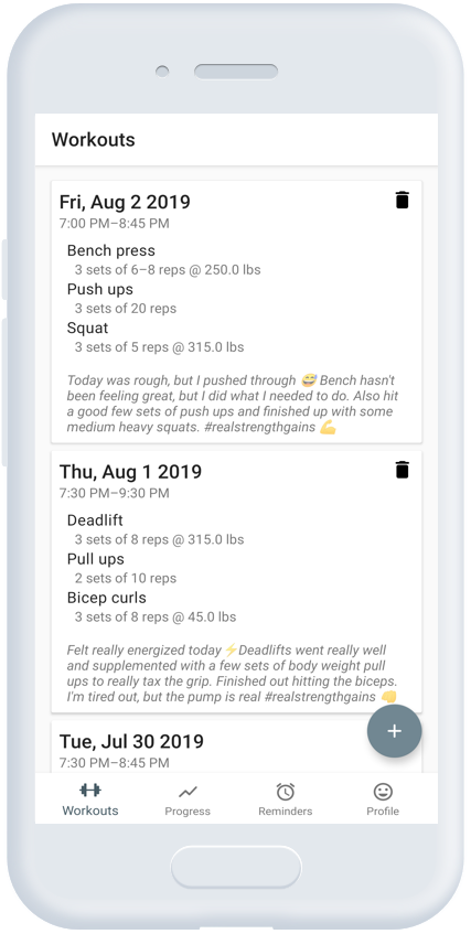 Android phone displaying the workout list